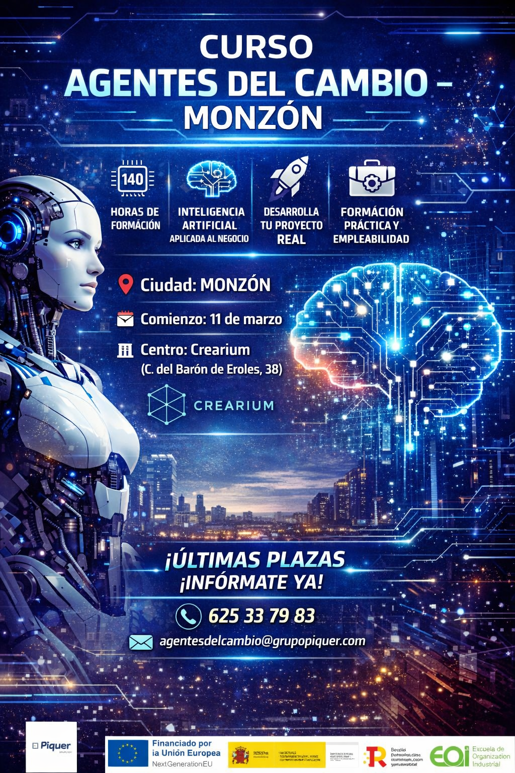 Cartel informativo del curso gratuito de Agentes del Cambio Grupo Piquer. IA y Marketing Digital realizado en Crearium
