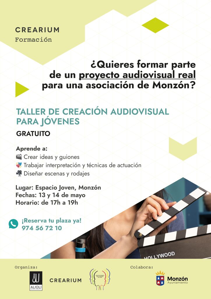 Cartel_Taller Creación audiovisual para jóvenes en Monzón gratis. Colectivo Feminista Cinca Medio